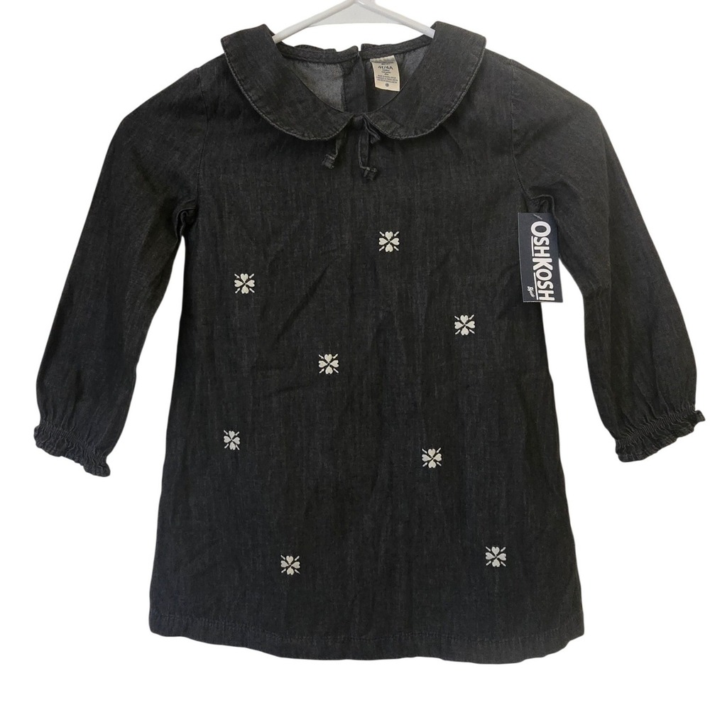OshKosh Bgosh Toddler Girls Gray Denim Embroidered Floral Dress 4T NWT